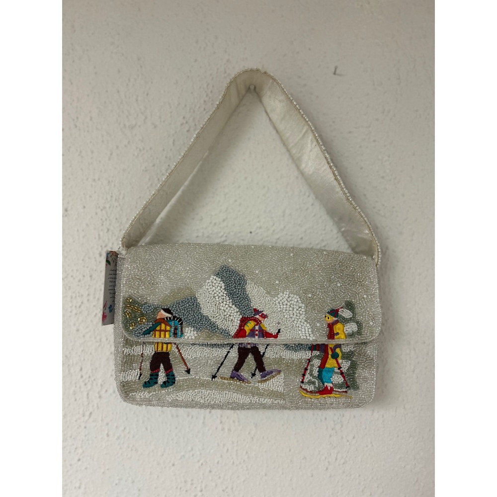 From India Beaded Ski Scene Bag White Winter Apres Ski Baguette Viral Tik Tok